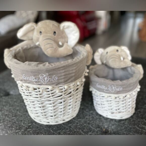 NEW Émilie & Théo Round Wicker Elephant Baskets NIB Includes 2! - Picture 5 of 10
